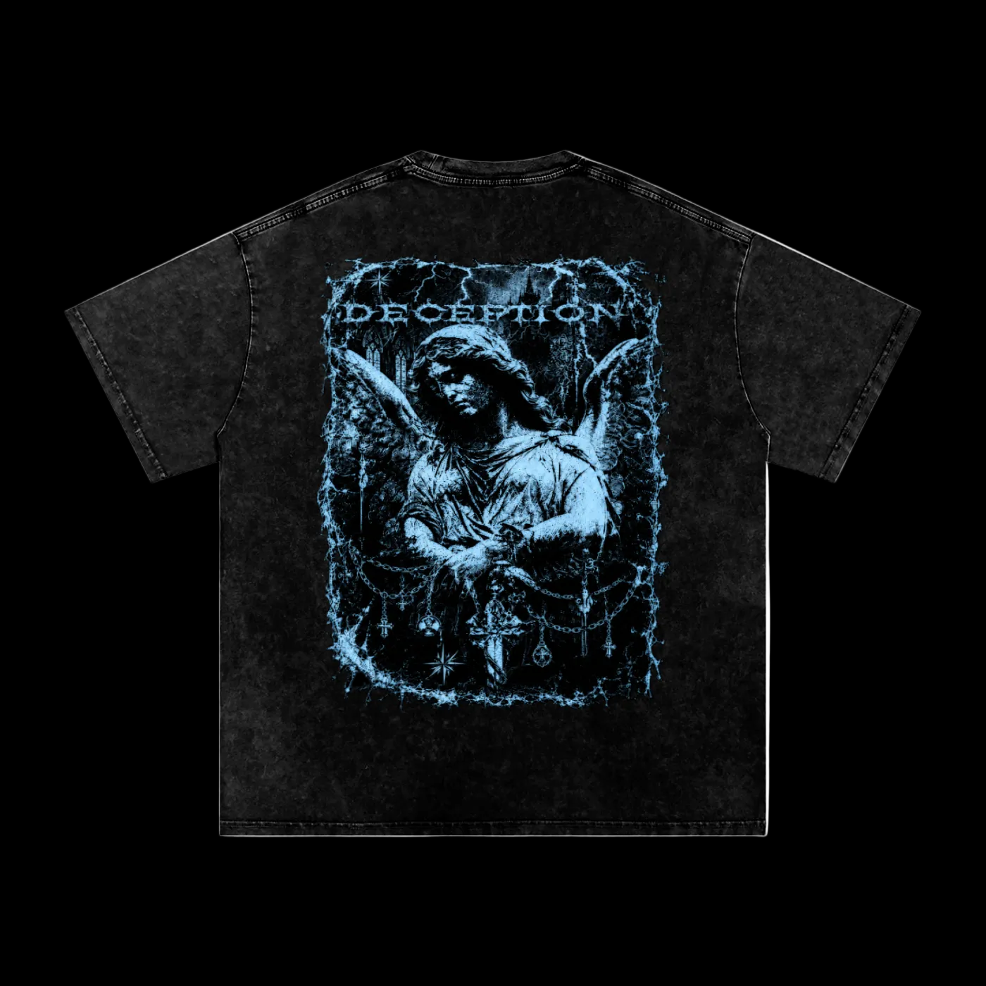 Snow Washed Oversized Cotton "DECEPTION" black and light blue T-Shirt