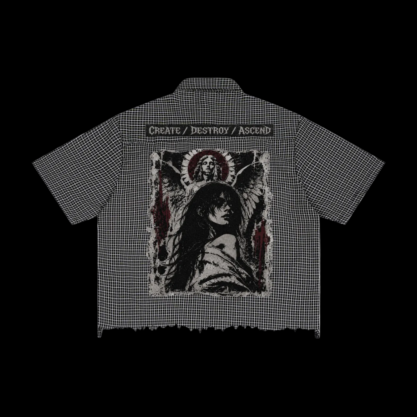 Unisex Distressed Plaid Boxy CREATE DESTROY ASCEND Shirt