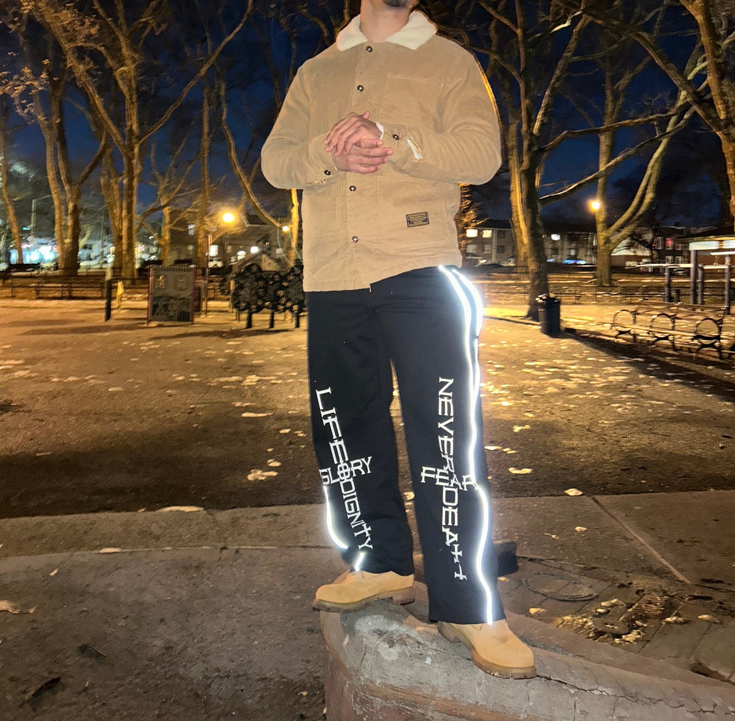 Reflection Striped Straight-Leg "NEVER FEAR DEATH" Sweatpants