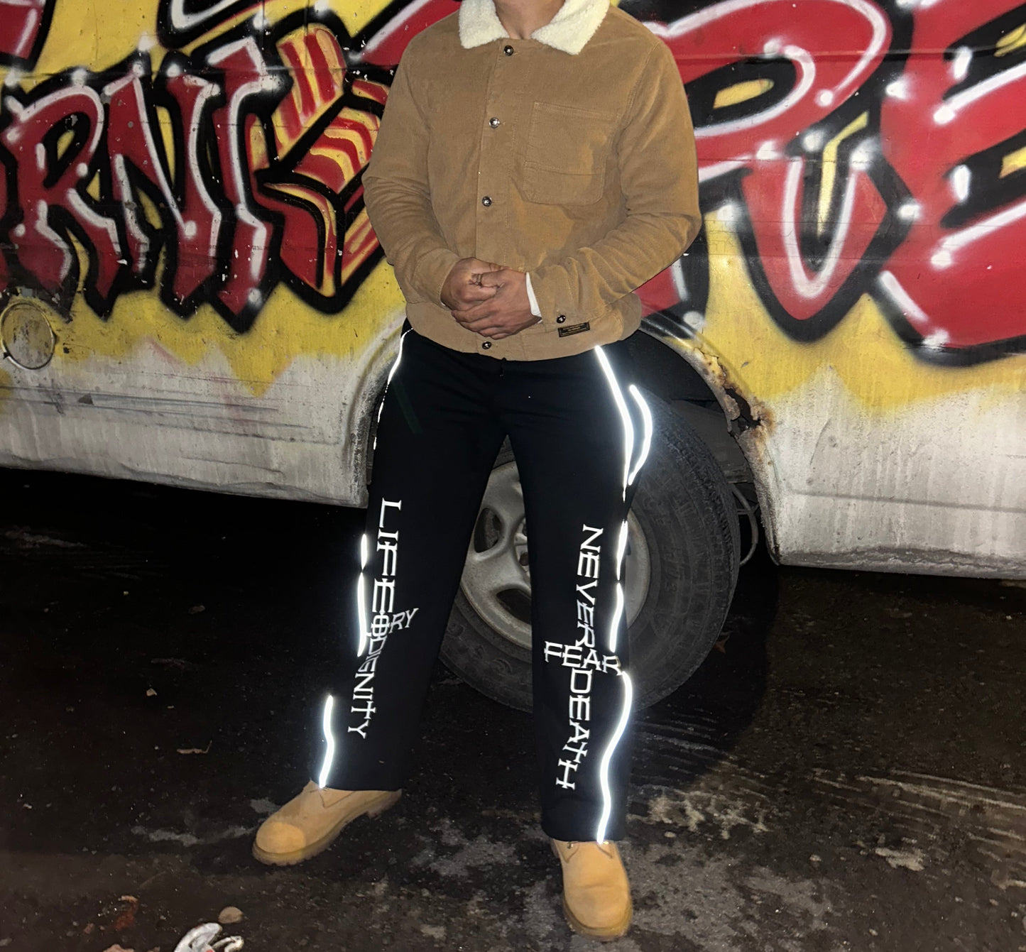 Reflection Striped Straight-Leg "NEVER FEAR DEATH" Sweatpants
